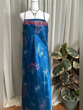 Vintage 90s Blue Paisley Satin Slip Dress